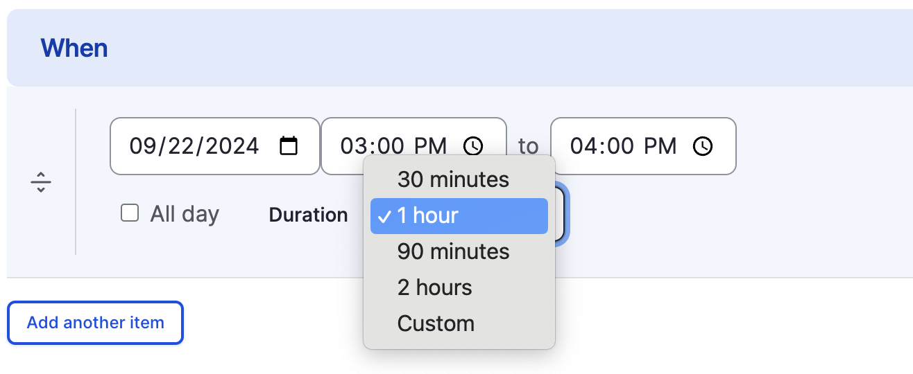 The original Smart Date widget, which has a separate dropdown for the available duration values