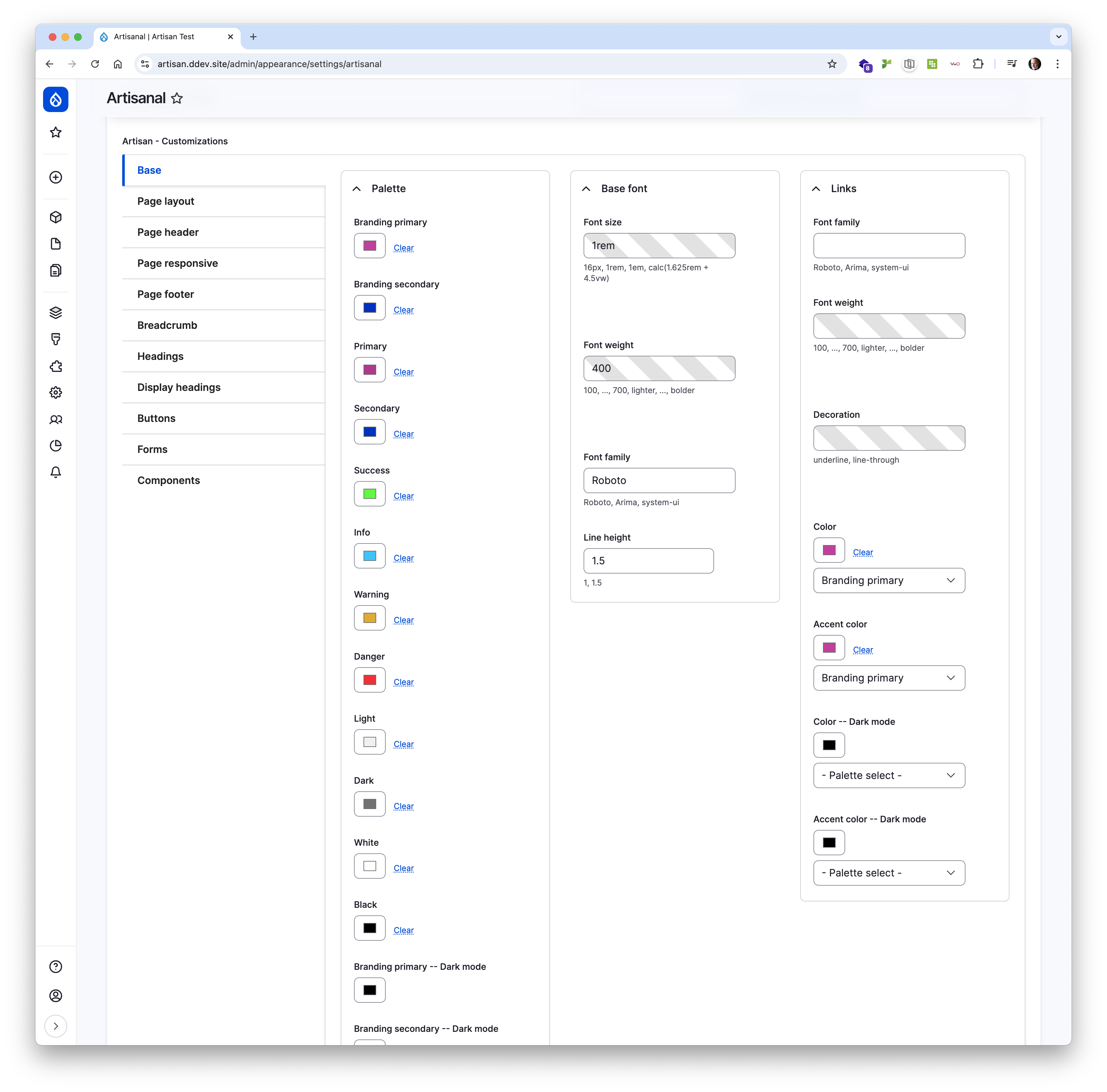 The configuration screen for an Artisan subtheme, showing a large number of inputs for choosing colours and other aspects of the site theme