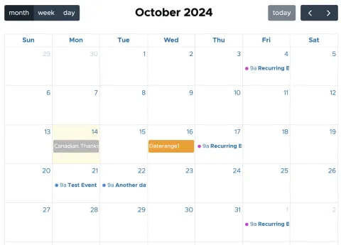 An example of a FullCalendar display containing a variety of events